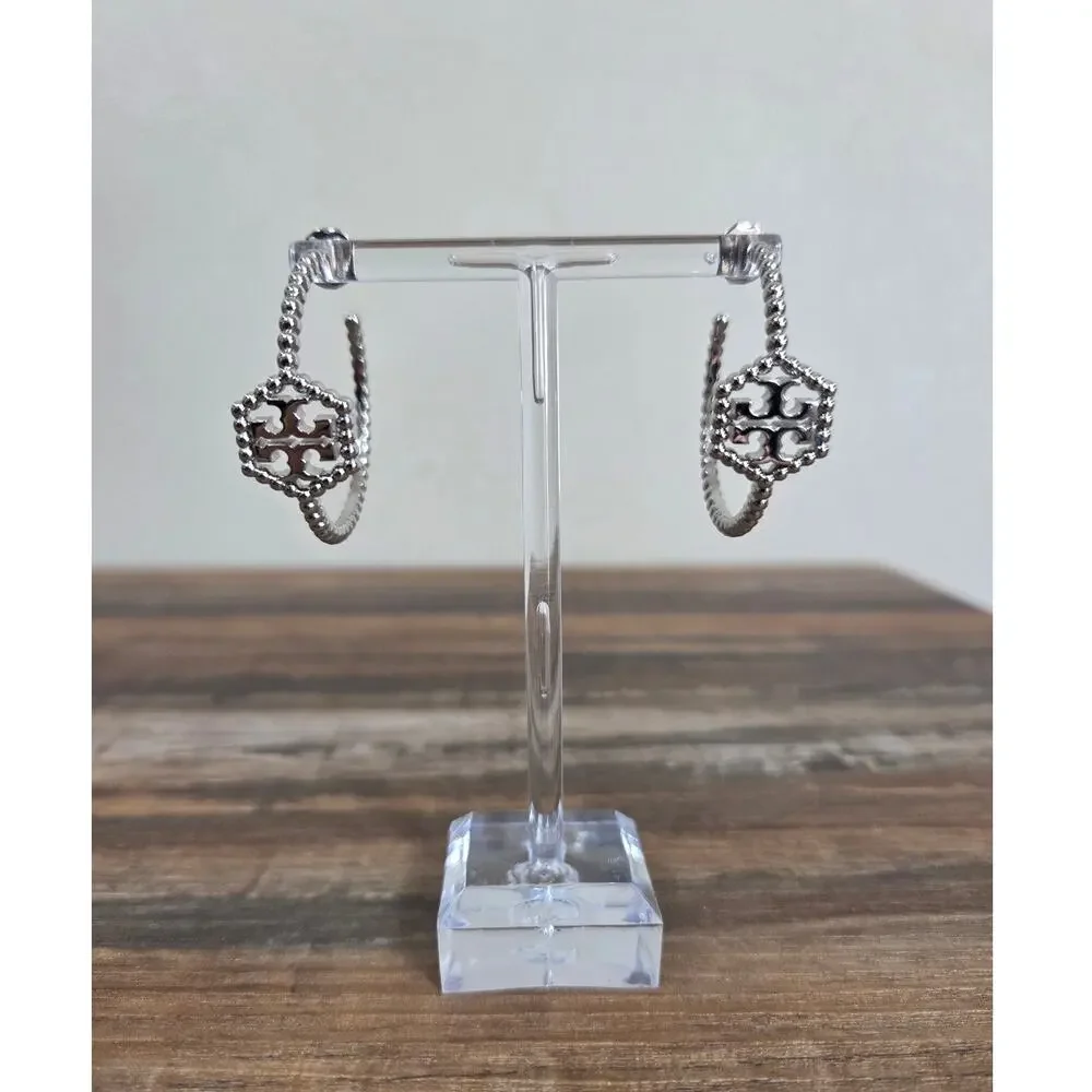 Tory Burch Silver Milgrain Hexagon Double T Logo Hoop Earrings